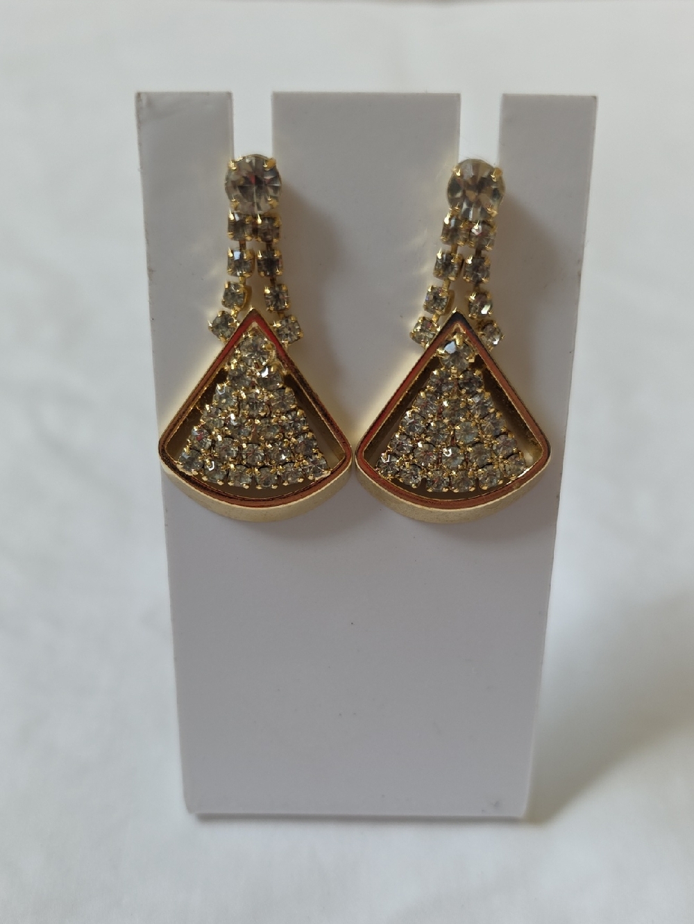 Gold Tone Vintage 80s Crystal Fan Drop Feminine Earrings